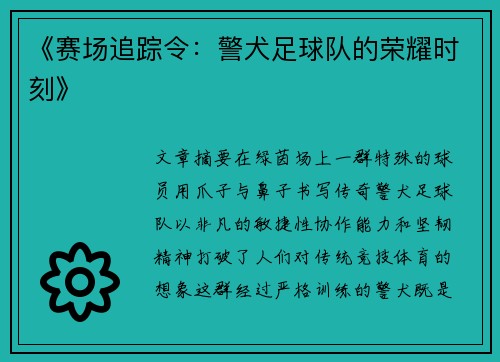 《赛场追踪令：警犬足球队的荣耀时刻》