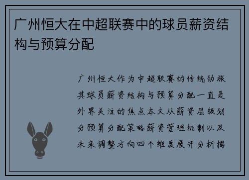 广州恒大在中超联赛中的球员薪资结构与预算分配