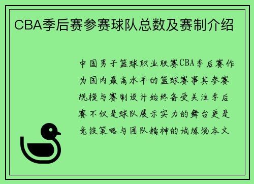 CBA季后赛参赛球队总数及赛制介绍