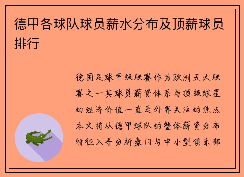 德甲各球队球员薪水分布及顶薪球员排行
