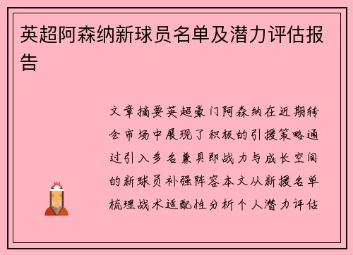 英超阿森纳新球员名单及潜力评估报告